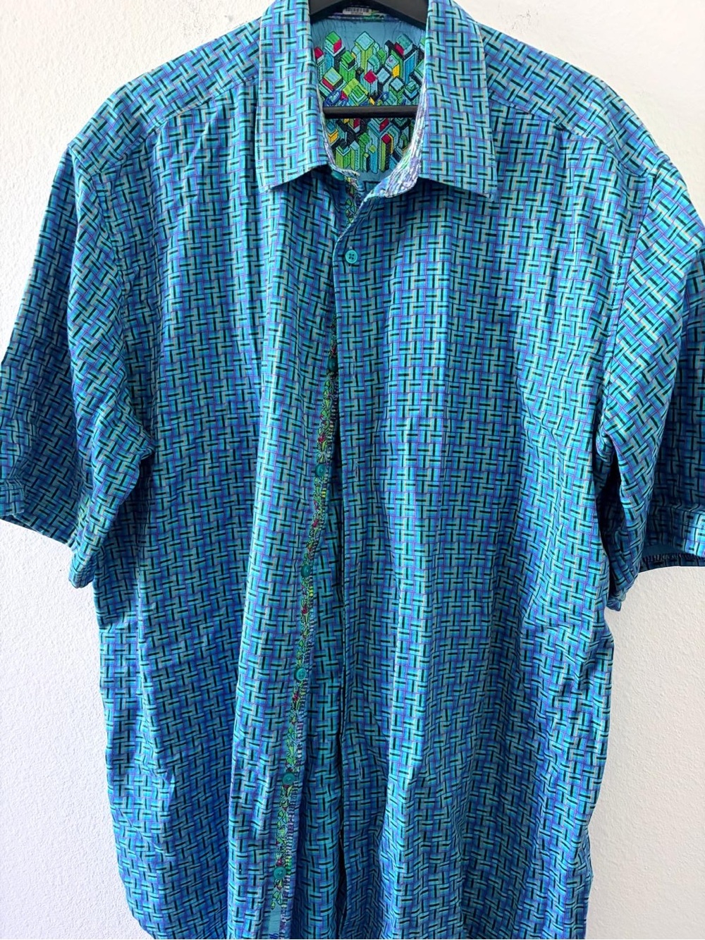 Robert Graham 2XLTE Multicolor Geometric Button Up Shirt Mens Blue Short Sleeve
